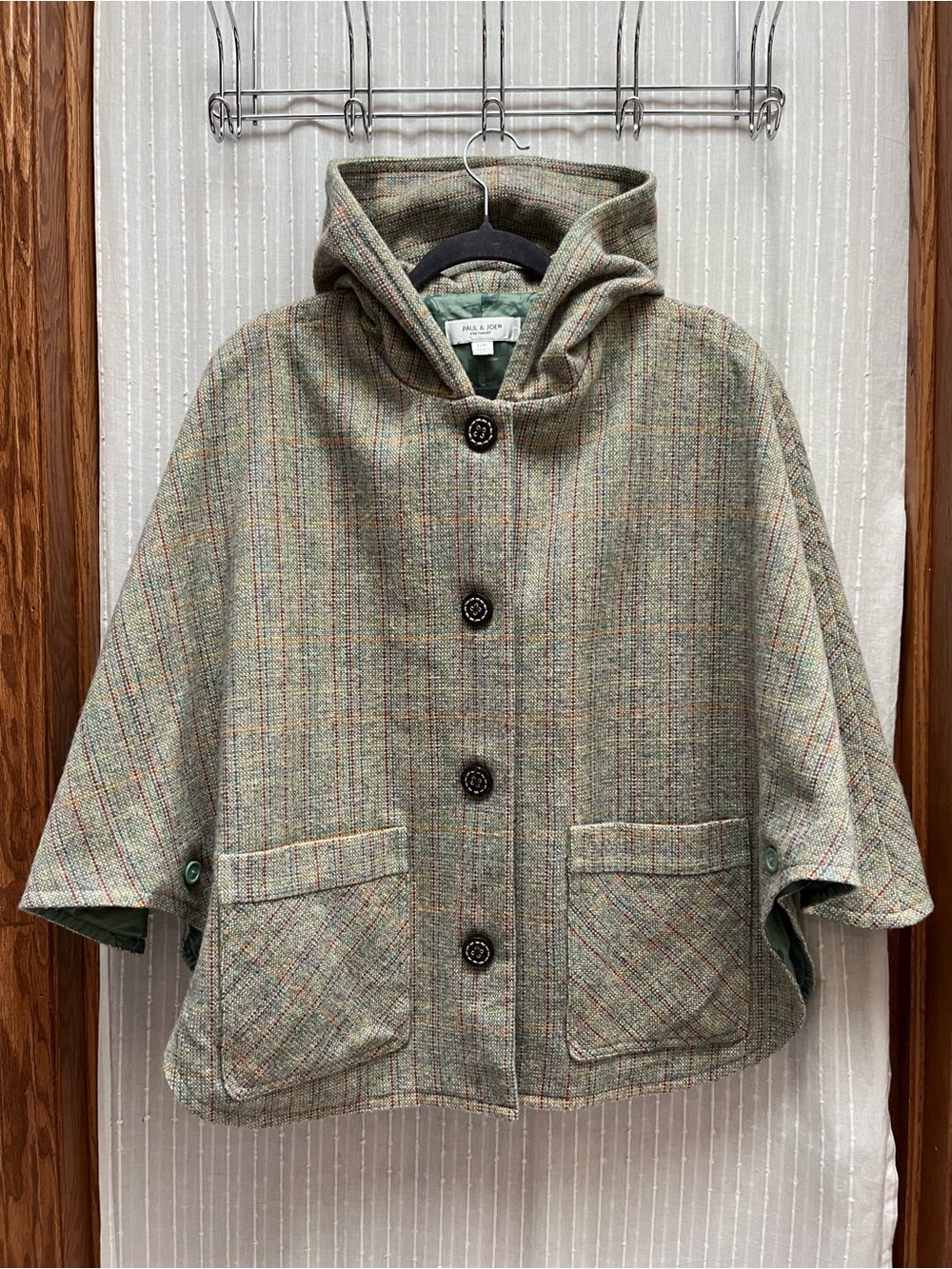 🔆Paul & Joe Hooded Tweed Kids Cape in Green Plaid Size L/XL